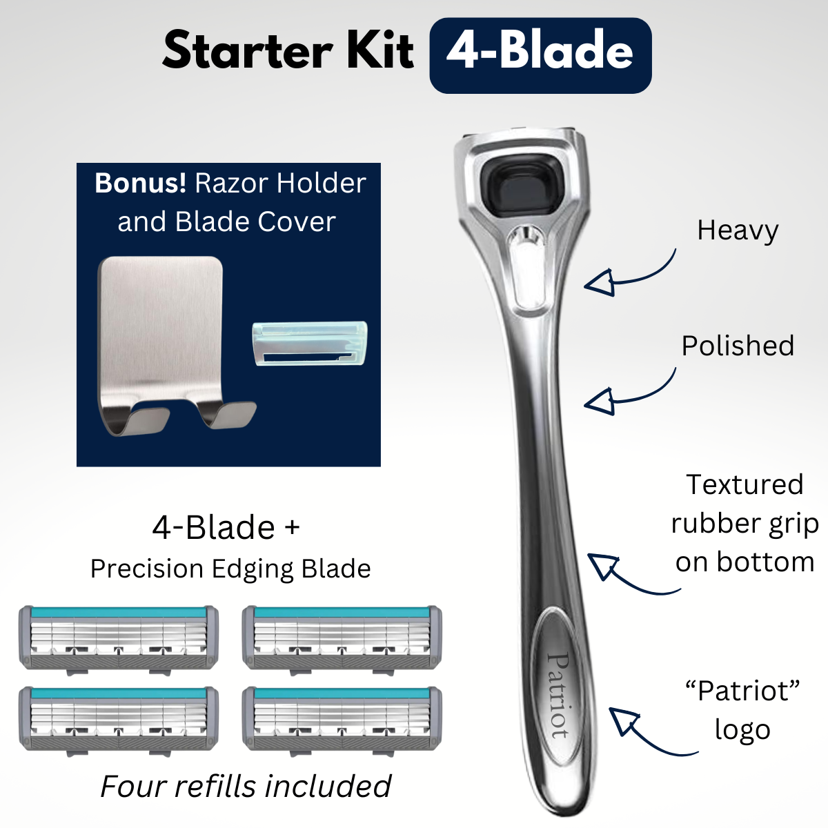 Patriot Forged Starter Kit, including a polished metal alloy razor handle, four razor refills, a razor holder, and a blade cover. The image also shows an option to choose between a 3-blade, 4-blade, and 5-blade razor.