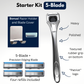 Patriot Shave Forged Starter Kit, including a polished metal alloy razor handle, four razor refills, a razor holder, and a blade cover. The image also shows an option to choose between a 3-blade, 4-blade, and 5-blade razor.