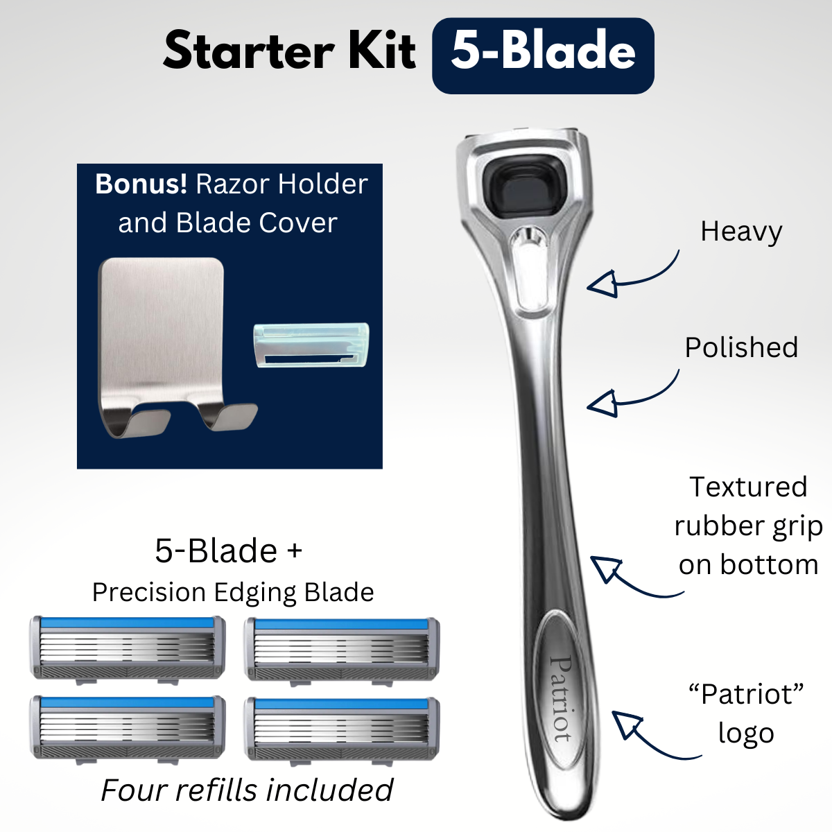 Patriot Shave Forged Starter Kit, including a polished metal alloy razor handle, four razor refills, a razor holder, and a blade cover. The image also shows an option to choose between a 3-blade, 4-blade, and 5-blade razor.