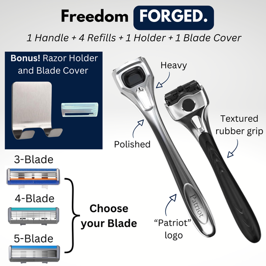 Patriot Shave Forged Starter Kit with razor, refills, and holder on a white background