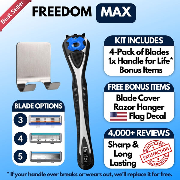 Patriot Freedom Max razor with packaging details on a blue background