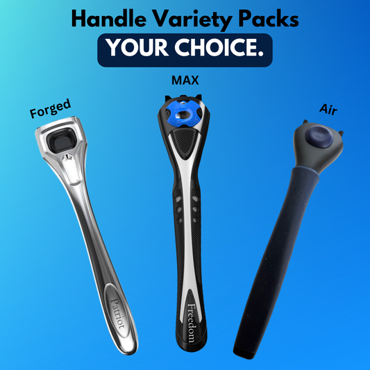 Patriot Shave three razor handles labeled 'Forged', 'MAX', and 'Air' on a gradient blue background.