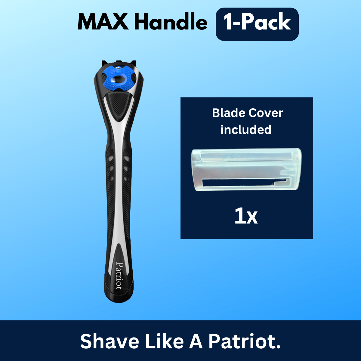 Patriot Shave MAX Razor Handle with blade cover on a blue background
