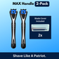 Patriot Shave Two MAX razor handles with a blade cover on a blue background