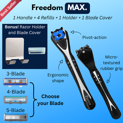 Patriot Shave MAX Starter Kit with razor handle, refills, and holder on a blue background