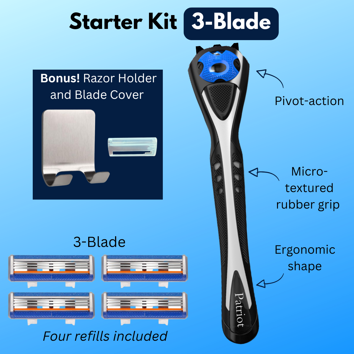 Patriot Shave MAX Starter Kit 3-blade with razor and blades on a blue background