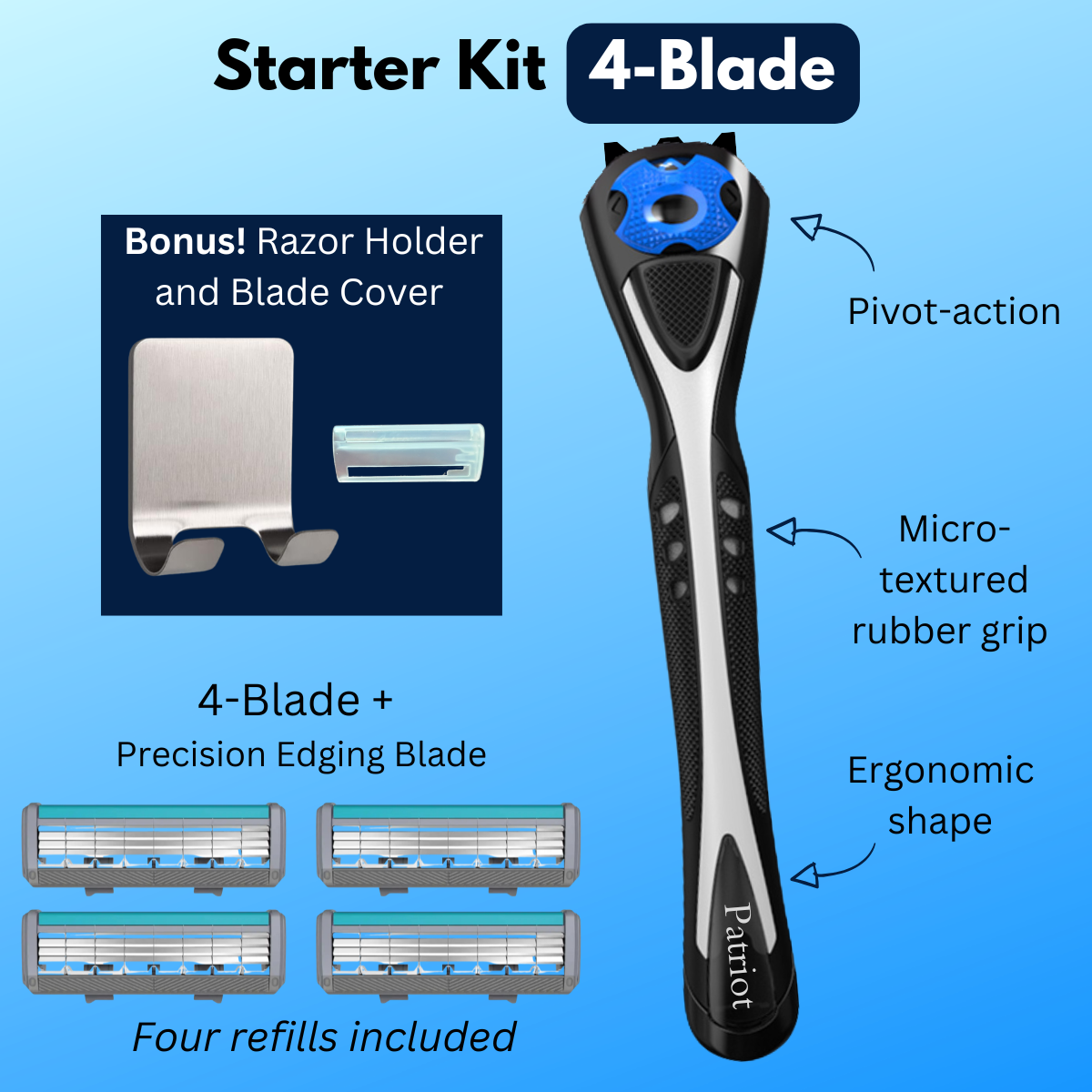 Patriot Shave MAX Razor Starter Kit 4-Blade with razor and blades on a blue background