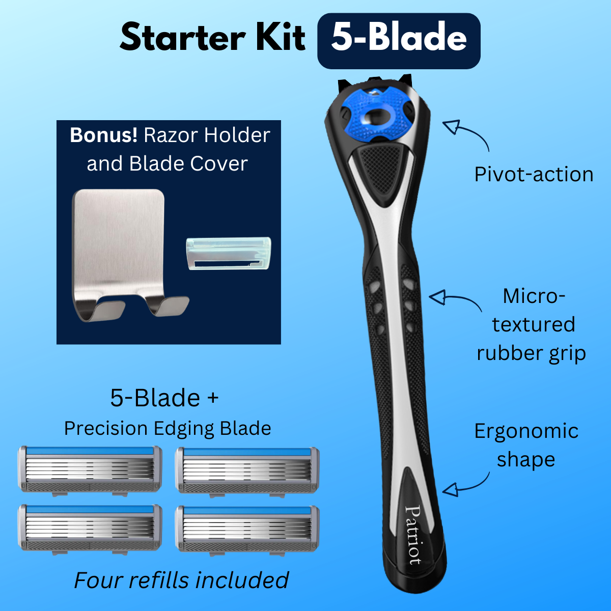 Patriot Shave MAX Razor Starter Kit Bundle with handle, 5 Blade refills and bonus items