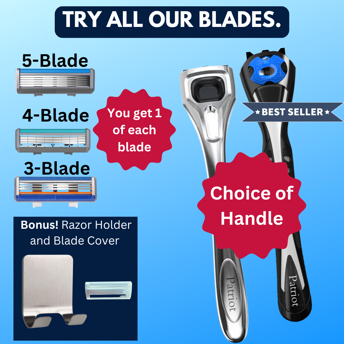 Shaving razor bundle with choice of handles and blades on a white background