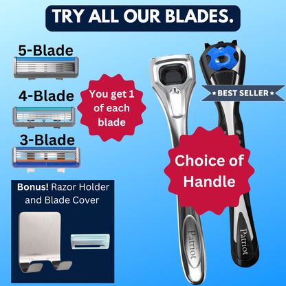 Shaving razor bundle with choice of handles and blades on a white background