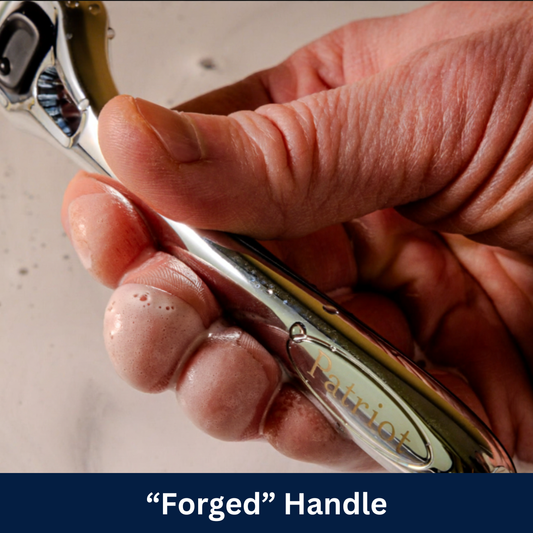 Patriot Shave polished silver alloy shaving razor handle with patriot logo and soapy water in background