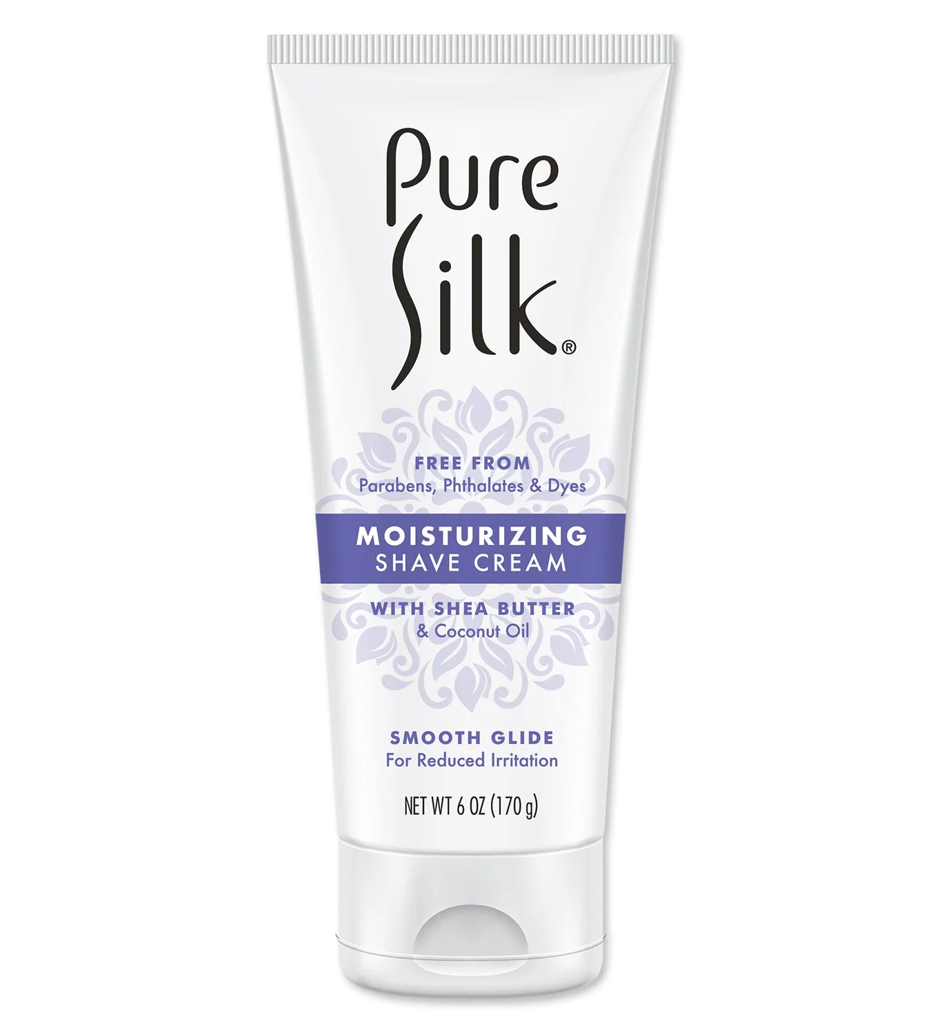 Pure Silk moisturizing shave cream tube on a white background
