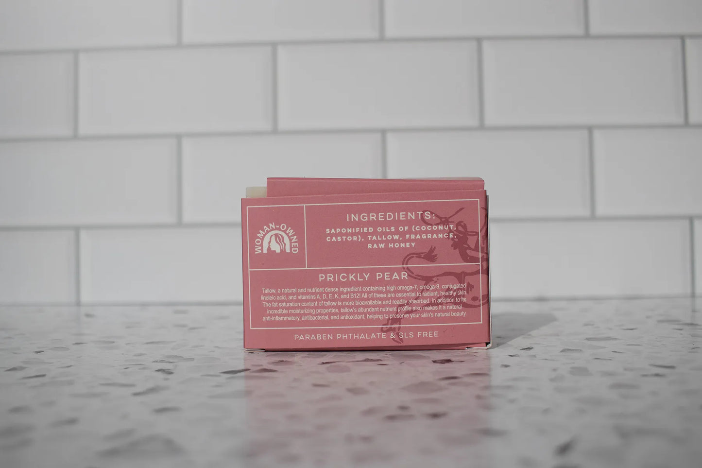 Tallow Soap Prickly Pear Scent Soap Box on quartz countertop with backsplash