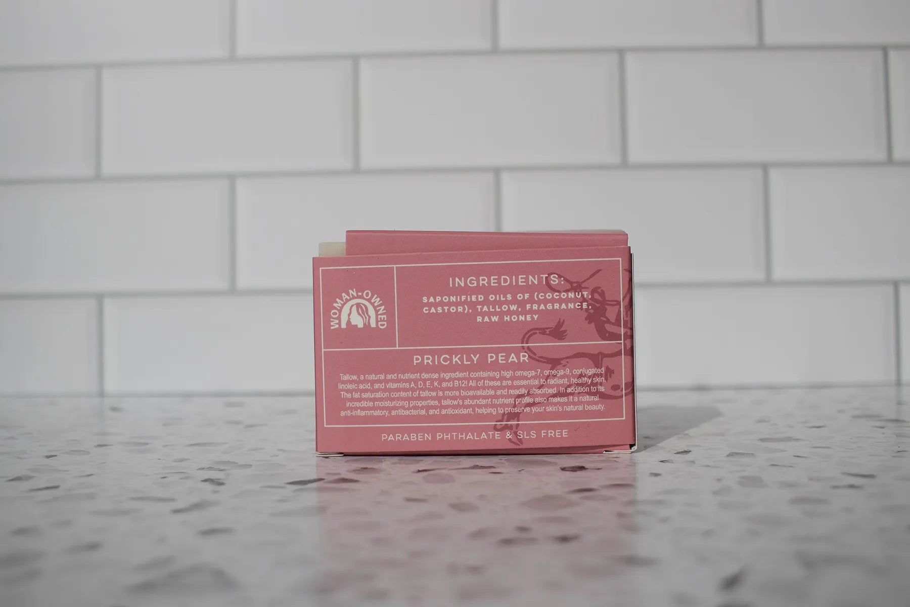 Tallow Soap Prickly Pear Scent Soap Box on quartz countertop with backsplash
